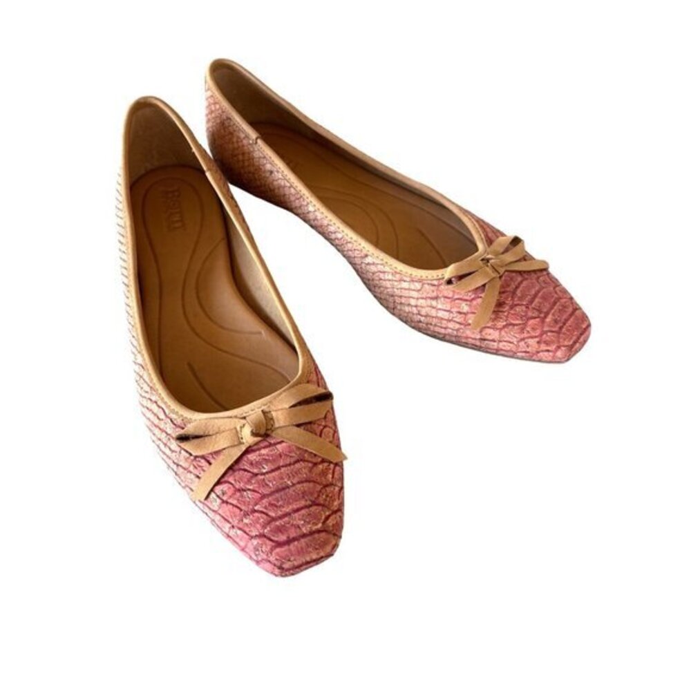 BORN Carri Flats Size 8.5 Shoes Cork Leather Snake Embossed Bow‎ NEW